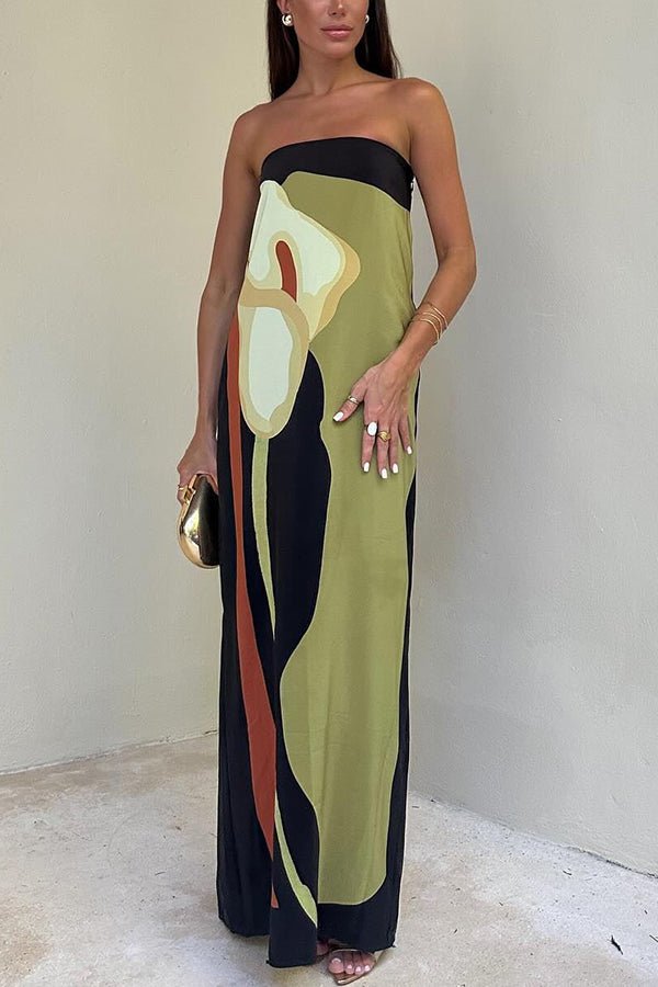Abstract Floral Print Strapless Column Maxi Dress