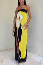Abstract Floral Print Strapless Column Maxi Dress