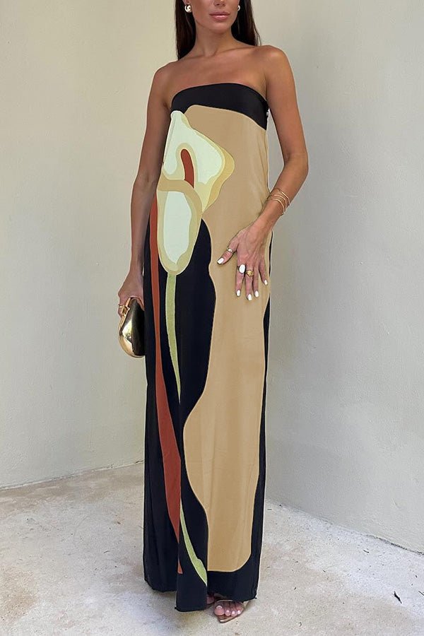 Abstract Floral Print Strapless Column Maxi Dress