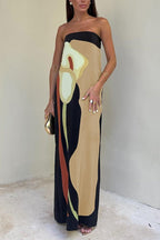 Abstract Floral Print Strapless Column Maxi Dress
