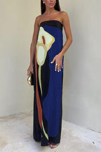 Abstract Floral Print Strapless Column Maxi Dress
