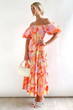 Alicia Effortless Printed Off the Shoulder Tiered Maxi Dress with Puff Sleeves Elevated Occasion Wear