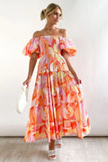 Alicia Effortless Printed Off the Shoulder Tiered Maxi Dress with Puff Sleeves Elevated Occasion Wear