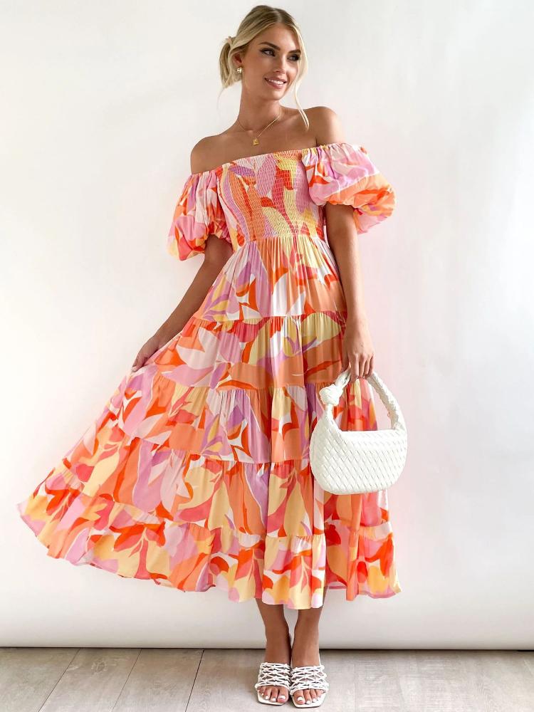 Alicia Effortless Printed Off the Shoulder Tiered Maxi Dress with Puff Sleeves Elevated Occasion Wear