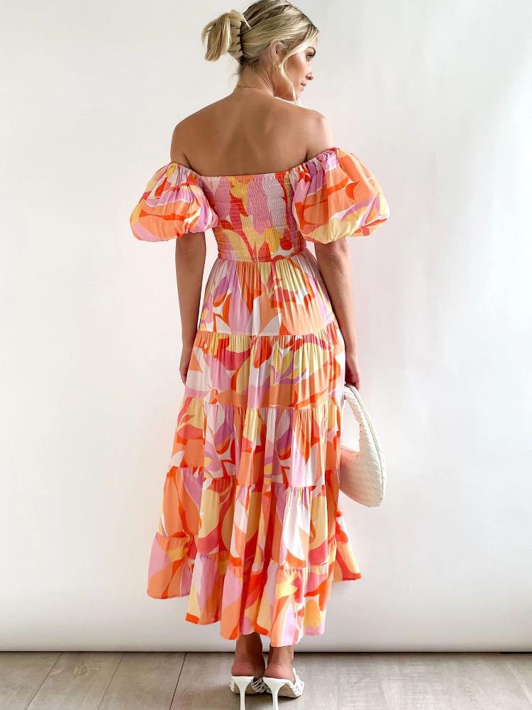 Alicia Effortless Printed Off the Shoulder Tiered Maxi Dress with Puff Sleeves Elevated Occasion Wear
