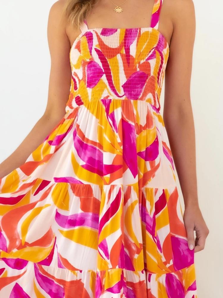 Nina Boutique Printed Tiered Maxi Summer Dress with Ruched Bodice Designer Edit