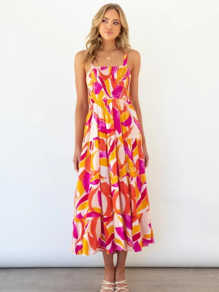 Zulema Effortless Printed Tiered Maxi Summer Dress with Ruched Bodice Boutique Collection