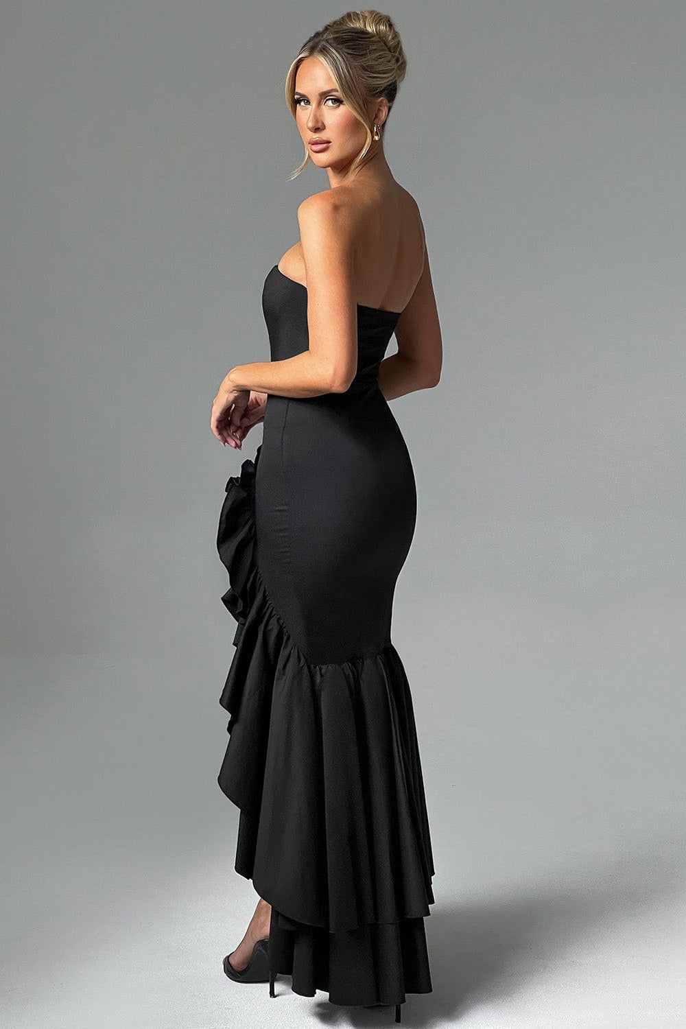 Strapless Corset Bodice Asymmetrical Ruffle Hem High Split Maxi Gown
