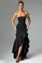 Strapless Corset Bodice Asymmetrical Ruffle Hem High Split Maxi Gown