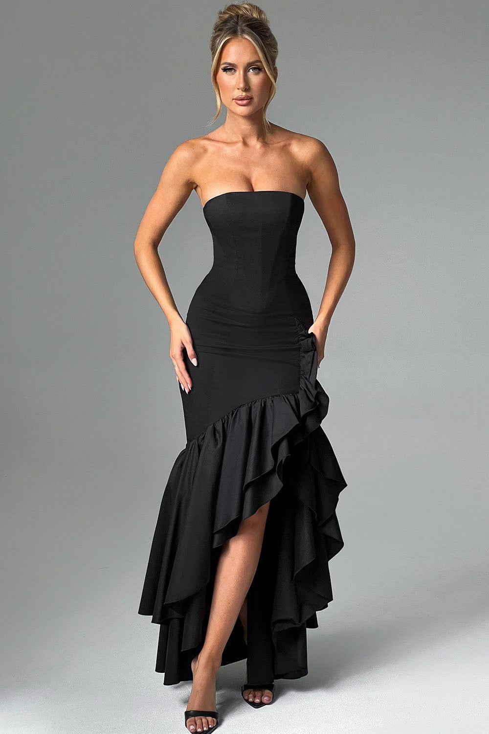 Strapless Corset Bodice Asymmetrical Ruffle Hem High Split Maxi Gown