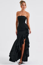 Strapless Corset Bodice Asymmetrical Ruffle Hem High Split Maxi Gown
