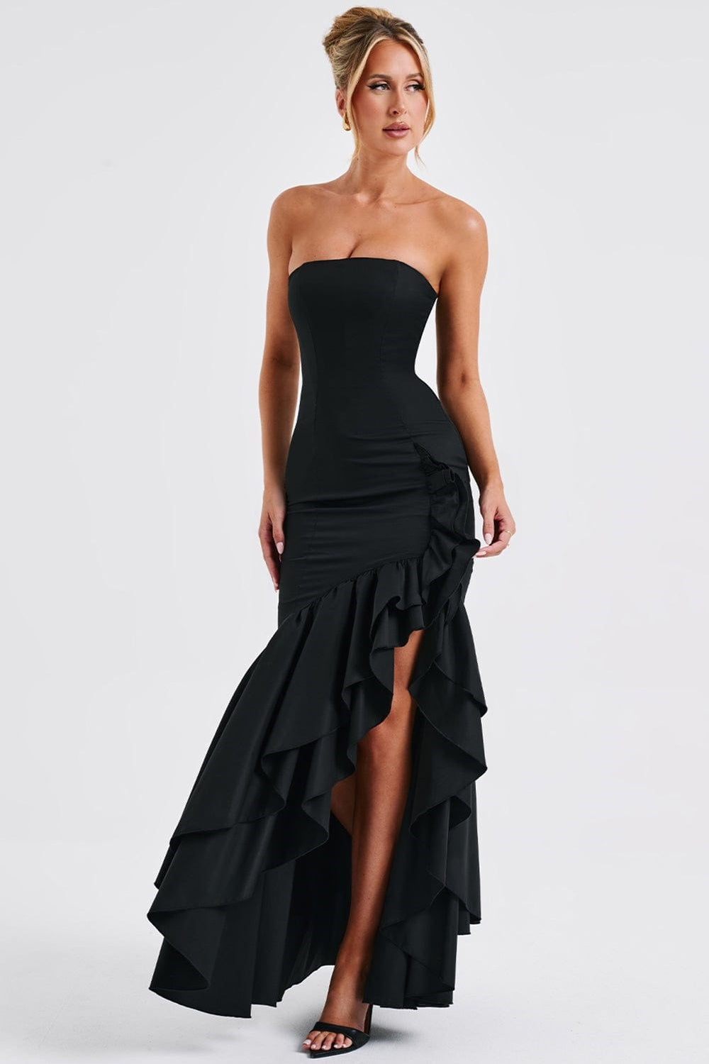 Strapless Corset Bodice Asymmetrical Ruffle Hem High Split Maxi Gown