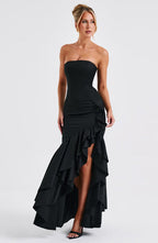 Strapless Corset Bodice Cascading Ruffle High Split Asymmetric Hem Maxi Gown