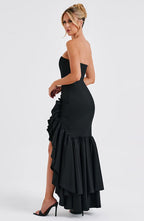 Strapless Corset Bodice Cascading Ruffle High Split Asymmetric Hem Maxi Gown