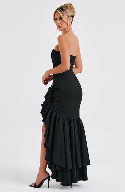 Strapless Corset Bodice Cascading Ruffle High Split Asymmetric Hem Maxi Gown