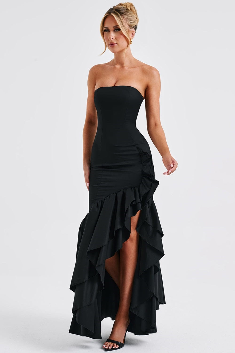 Strapless Corset Bodice Asymmetrical Ruffle Hem High Split Maxi Gown