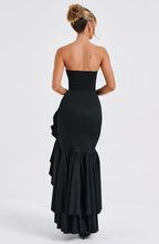 Strapless Corset Bodice Cascading Ruffle High Split Asymmetric Hem Maxi Gown