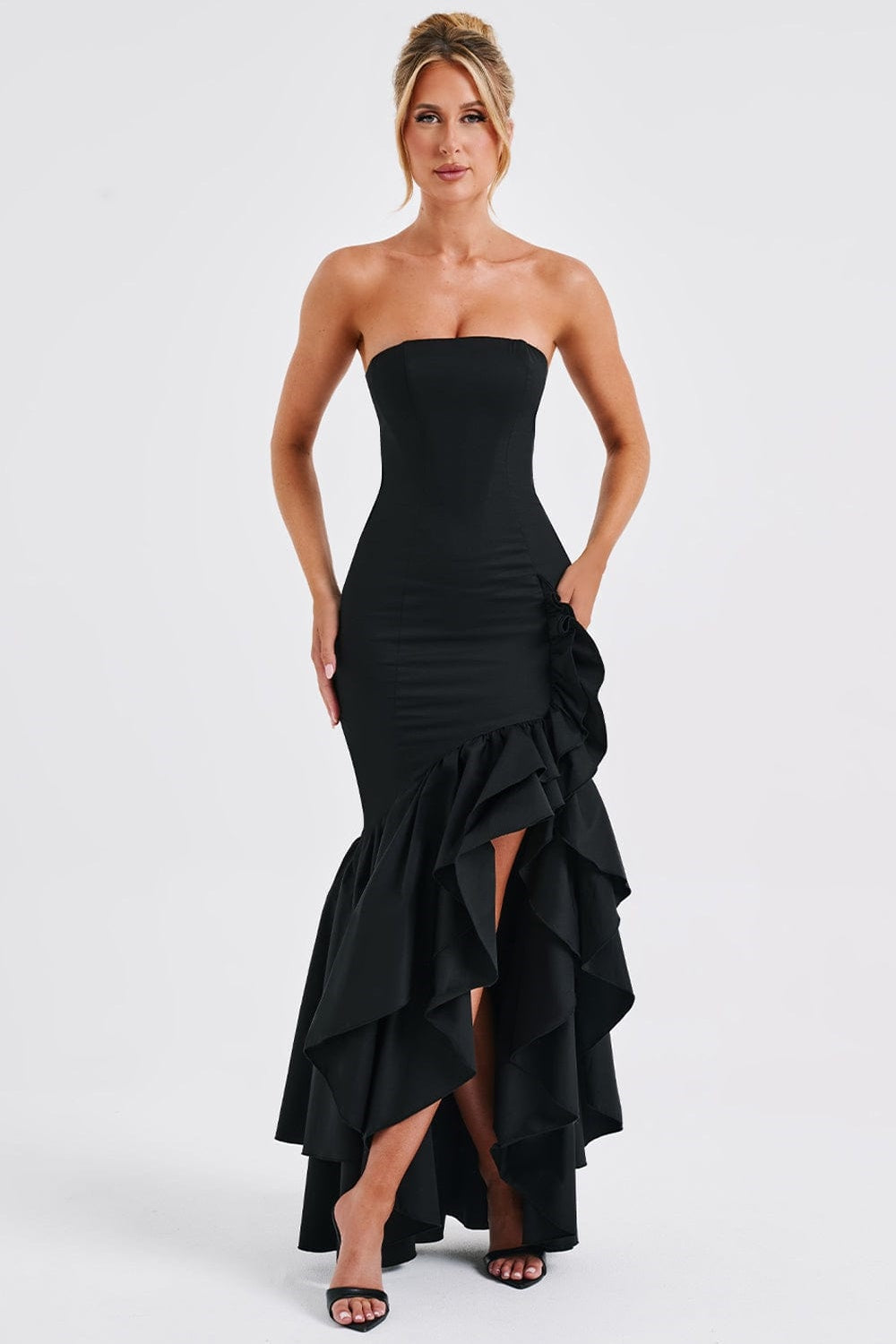 Strapless Corset Bodice Asymmetrical Ruffle Hem High Split Maxi Gown