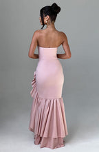 Strapless Corset Bodice Cascading Ruffle High Split Asymmetric Hem Maxi Gown