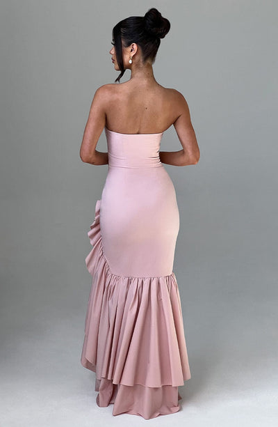 Strapless Corset Bodice Cascading Ruffle High Split Asymmetric Hem Maxi Gown