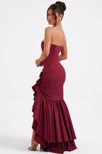 Strapless Corset Bodice Asymmetrical Ruffle Hem High Split Maxi Gown