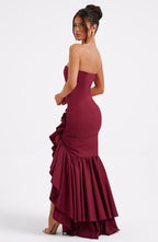 Strapless Corset Bodice Cascading Ruffle High Split Asymmetric Hem Maxi Gown