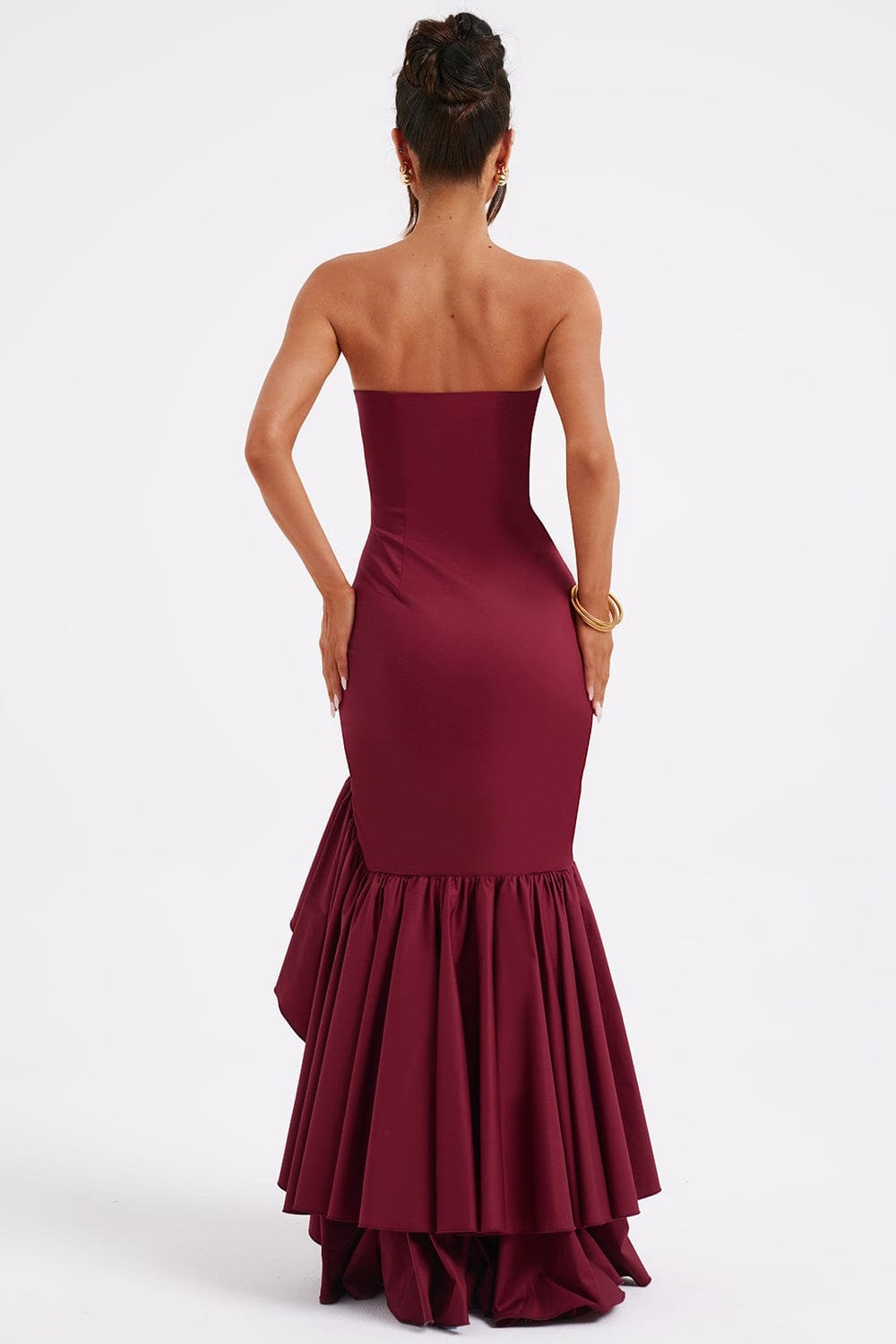 Strapless Corset Bodice Asymmetrical Ruffle Hem High Split Maxi Gown