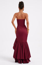 Strapless Corset Bodice Cascading Ruffle High Split Asymmetric Hem Maxi Gown