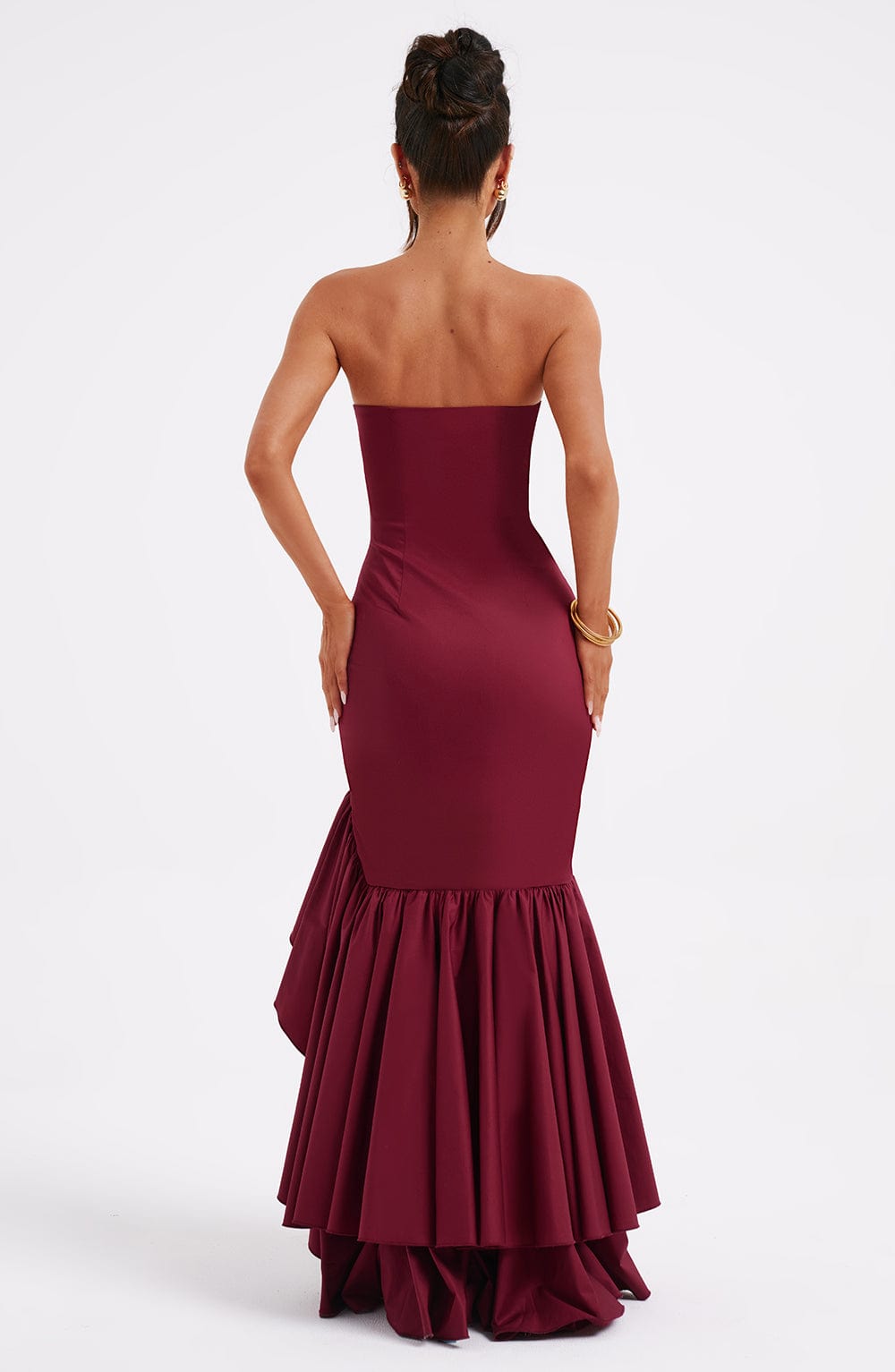 Strapless Corset Bodice Cascading Ruffle High Split Asymmetric Hem Maxi Gown