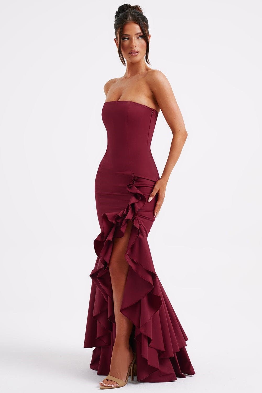 Strapless Corset Bodice Asymmetrical Ruffle Hem High Split Maxi Gown