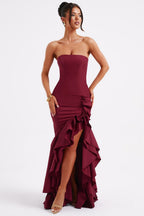 Strapless Corset Bodice Asymmetrical Ruffle Hem High Split Maxi Gown