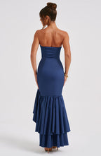Strapless Corset Bodice Cascading Ruffle High Split Asymmetric Hem Maxi Gown