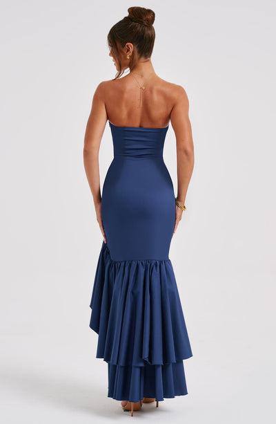 Strapless Corset Bodice Cascading Ruffle High Split Asymmetric Hem Maxi Gown