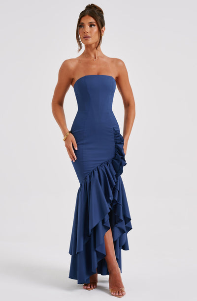 Strapless Corset Bodice Cascading Ruffle High Split Asymmetric Hem Maxi Gown