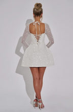 Square Neck Glitter Mesh Sleeve Structured Fit and Flare Mini Dress