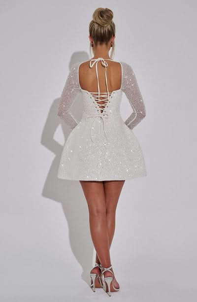 Square Neck Glitter Mesh Sleeve Structured Fit and Flare Mini Dress
