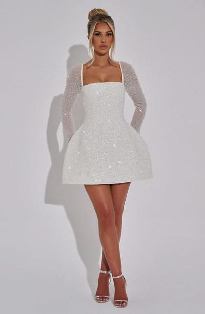 Square Neck Glitter Mesh Sleeve Structured Fit and Flare Mini Dress