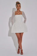 Square Neck Glitter Mesh Sleeve Structured Fit and Flare Mini Dress