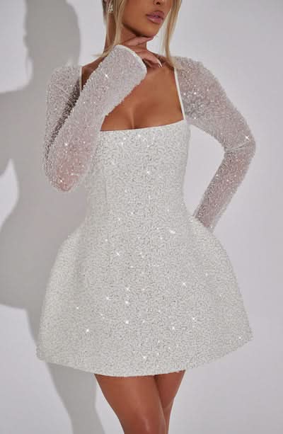 Square Neck Glitter Mesh Sleeve Structured Fit and Flare Mini Dress