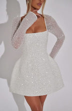 Square Neck Glitter Mesh Sleeve Structured Fit and Flare Mini Dress