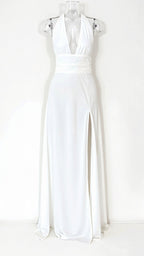 Waleska Elevated Maxi Halter Dress V Neck and Slit Chic Silhouette Collection