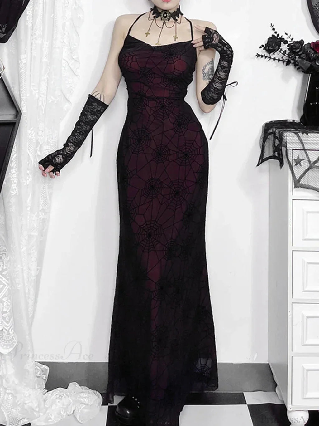 Antique Gloomy Arachnid Net High Waist Full-Length Dress
