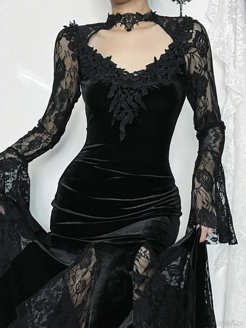 Antique Lace Flare Sleeve Midi Dress