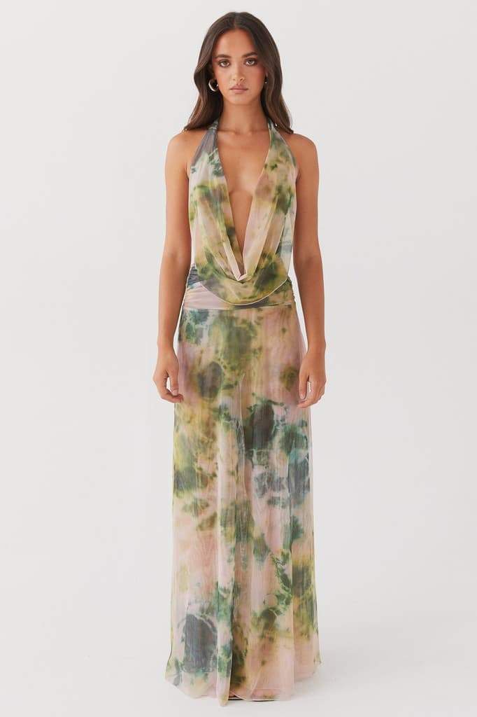Halter Cowl Neck Watercolor Print Flowy Chiffon Maxi Dress