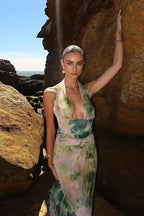 Halter Cowl Neck Watercolor Print Flowy Chiffon Maxi Dress