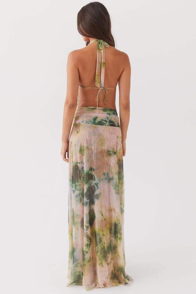 Halter Cowl Neck Watercolor Print Flowy Chiffon Maxi Dress
