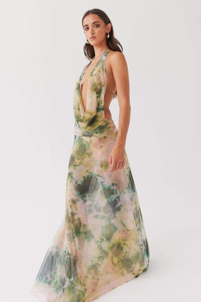 Halter Cowl Neck Watercolor Print Flowy Chiffon Maxi Dress
