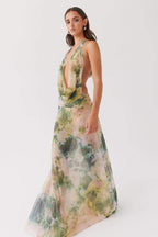 Halter Cowl Neck Watercolor Print Flowy Chiffon Maxi Dress