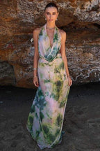 Halter Cowl Neck Watercolor Print Flowy Chiffon Maxi Dress