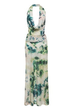 Halter Cowl Neck Watercolor Print Flowy Chiffon Maxi Dress